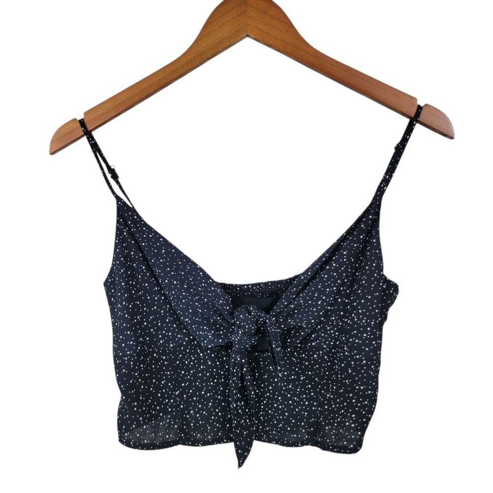 Blue Life Tank Top Tie Front Small Shirred Stretch Back Polkadot Crop Black